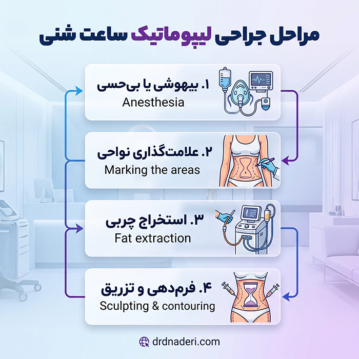 اینفوگرافیک از مراحل عمل لیپوماتیک ساعت شنی